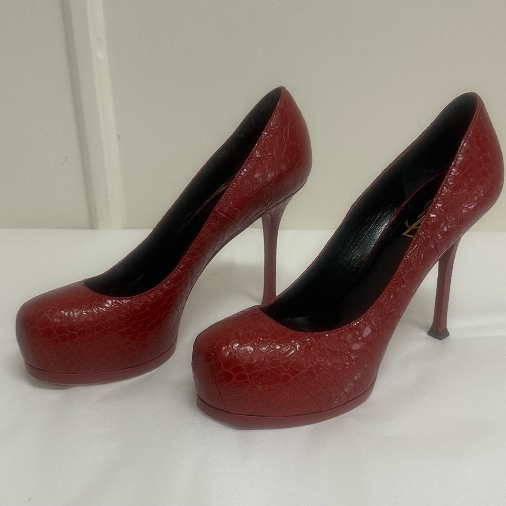 ❤️Saint Laurent “Tribtoo” Red Croc-Embossed Platform Stiletto Pumps | EU 38 - Picture 6 of 10